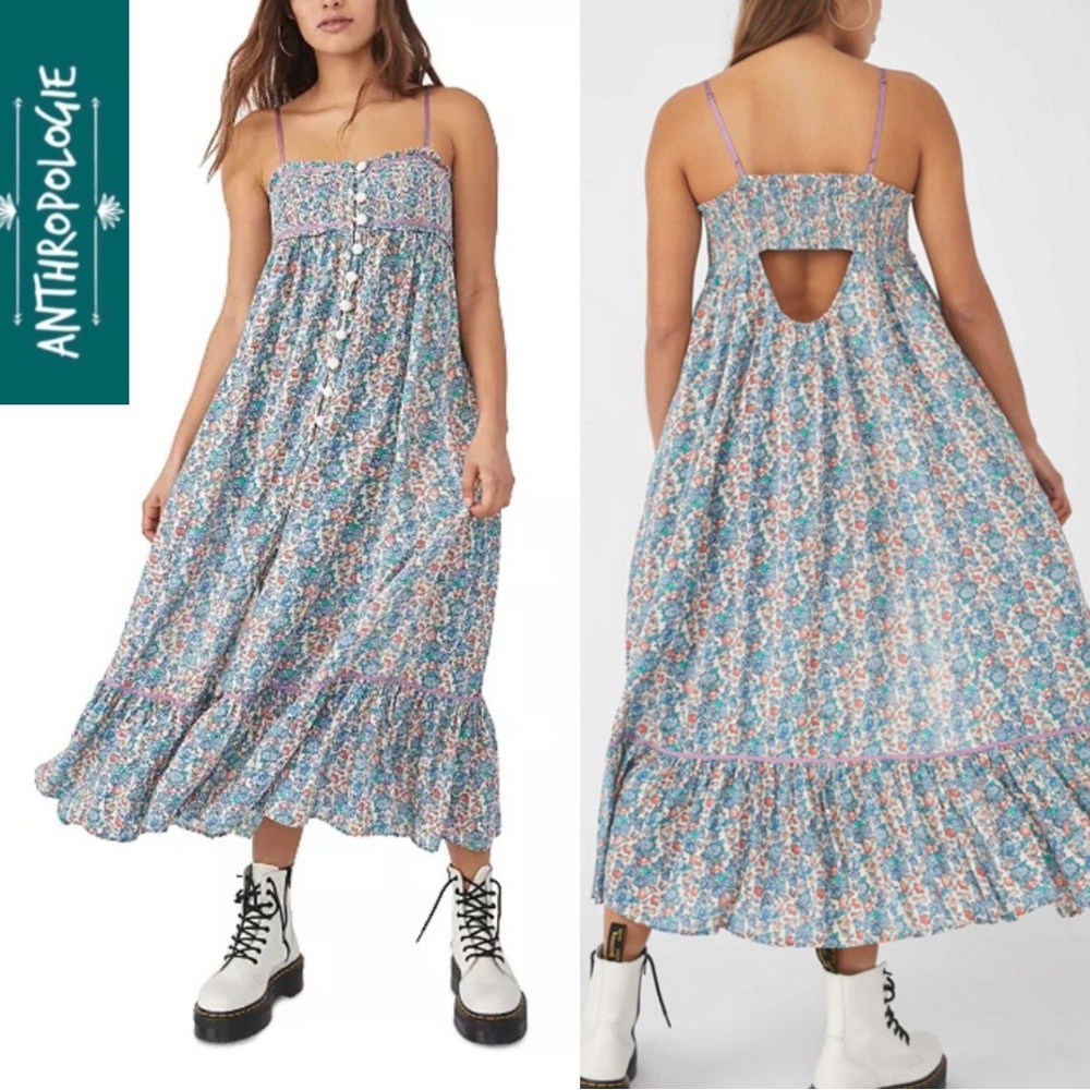 Free People Molly Jo Ditsy Blue Floral Ruffled Lightweight Rayon Midi Dress